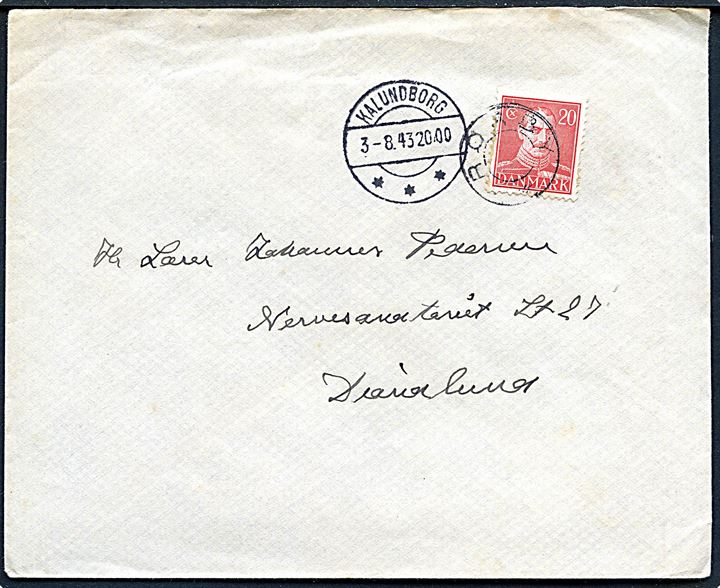 20 øre Chr. X på brev annulleret med udslebet stjernestempel RØRBY og sidestemplet Kalundborg d. 3.8.1943 til Dianalund.