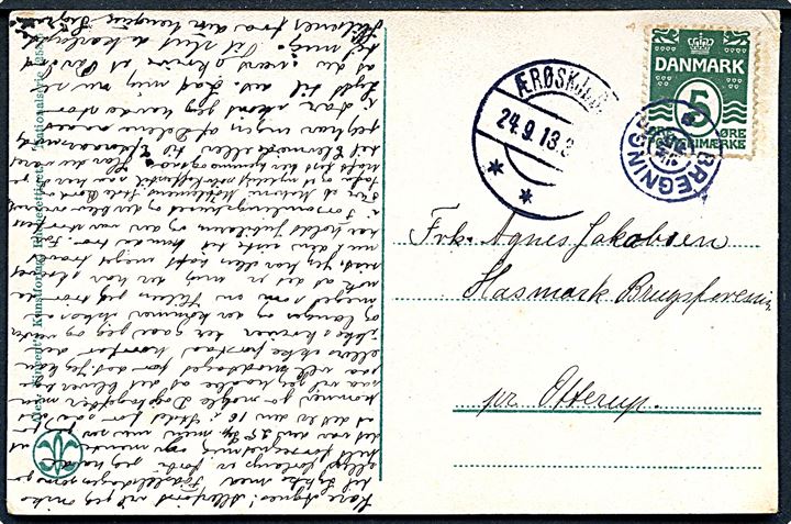 5 øre Bølgelinie på brevkort annulleret med stjernestempel BREJNINGE og sidestemplet Ærøskjøbing d. 24.9.1913 til Hasmark pr. Otterup.