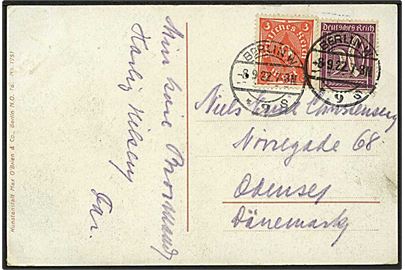 50 pfg. Ciffer og 3 mk. Posthorn på brevkort fra Berlin d. 8.9.1922 til Odense, Danmark.