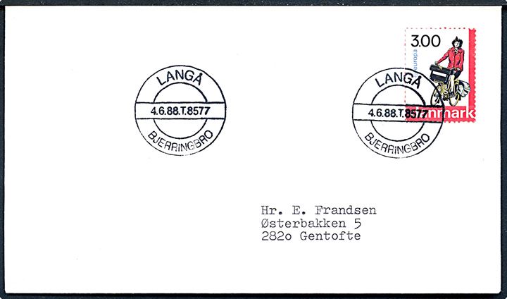 3 kr. Europa udg. på filatelistisk brev annulleret med mystisk bureau særstempel Langå Bjerringbro T.8577 d. 4.6.1988 til Gentofte.