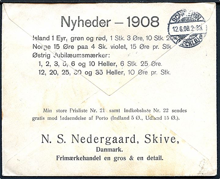 5 øre helsagskuvert opfrankeret med 3 øre Bølgelinie i single og 4-stribe fra Skive d. 11.6.1908 til Schwerin i/Mecklenburg, Tyskland.