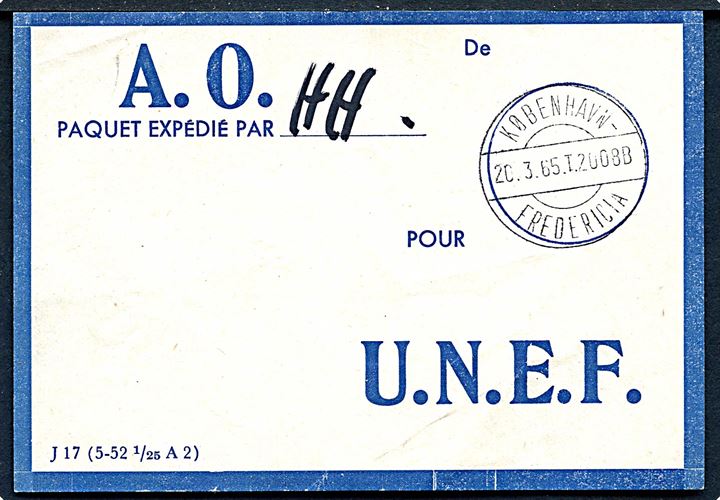 Fortrykt brevbundt vignet for A.O. til UNEF (danske FN-styrker i Gaza)  - J17 (5-52 1/25 A2) stemplet København - Fredericia T.2008B d. 20.3.1965.