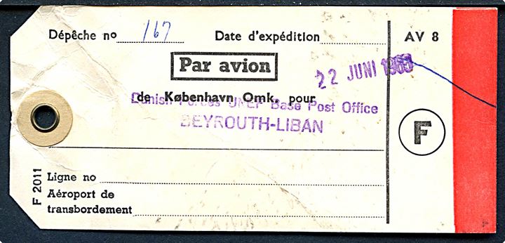 Manila-mærke AV 8 - formular F2011 - for luftpost fra København Omk. til Danish Forces UNEF Base Post Office Beyrouth-Liban. Datostemplet d. 22.6.1965.