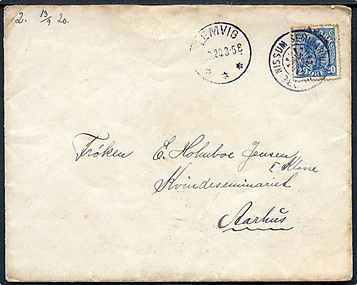 20 øre Chr. X på brev annulleret med stjernestempel NØRRE NISSUM SEMINARIUM og sidestemplet Lemvig d. 1?.9.1920 til aarhus.
