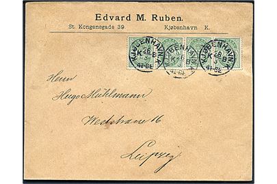 5 øre Våben i 4-stribe på brev annulleret med lapidar Kjøbenhavn K. KB d. 26.3.1895 til Leipzig, Tyskland.