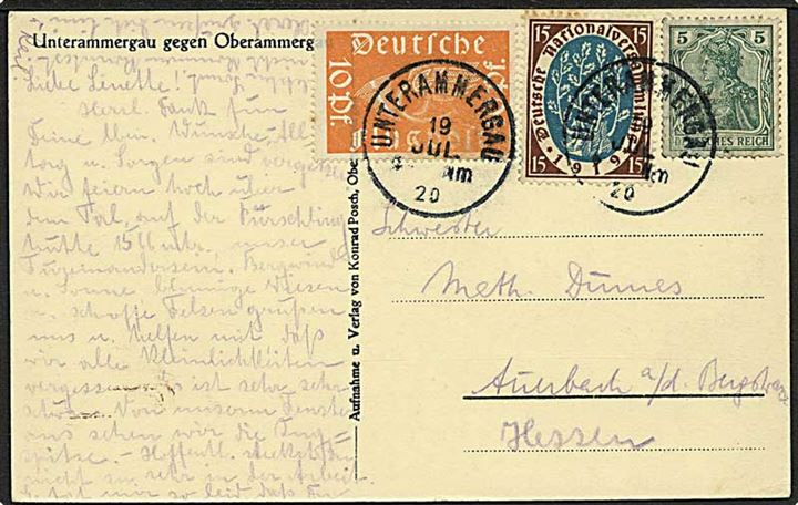 5 pfg. Germania, 10 pfg. Luftpost og 15 pfg. Weimar udg. på brevkort fra Unterammergau d. 19.7.1920 til Auerbach, Hessen.