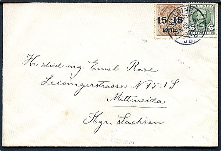 5 øre Fr. VIII og 15/24 øre Provisorium på brev fra Kolding d. 23.10.1908 til Mittweida, Tyskland.