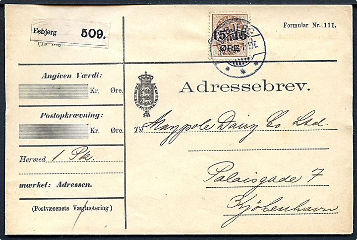 15/24 øre Provisorium single på adressebrev for pakke fra Esbjerg d. 20.9.1904 til Kjøbenhavn.