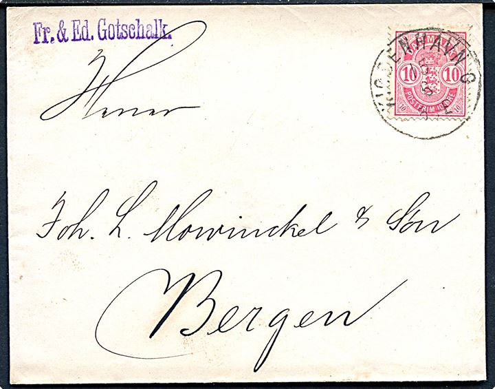 10 øre Våben, anilinrød, på brev annulleret med lapidar Kiøbenhavn G. d. 15.6.1888 til Bergen, Norge.
