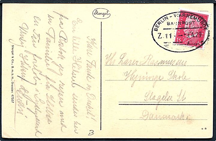 15 pfg. Hindenburg på brevkort fra Rostock annulleret med bureaustempel Berlin - Warnemünde Bahnpost Zug 11 d. 9.4.1929 til Slagelse, Danmark.