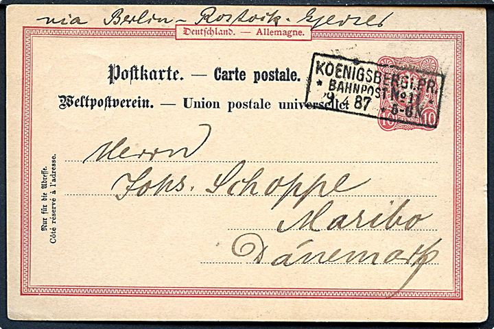 10 pfg. helsagsbrevkort annulleret med rammestempel Königsberg PR. * Bahnpost No. 11 * d. 29.4.1887 til Maribo, Danmark. Påskrevet: via Berlin - Rostock - Gjedser.