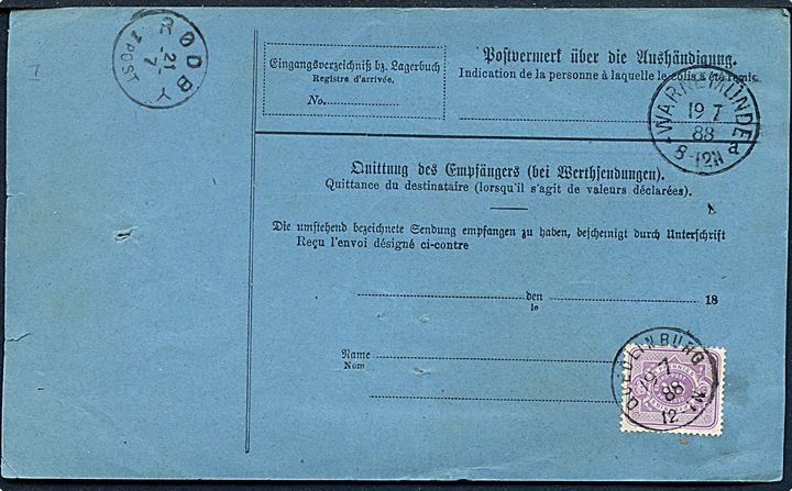 5 pfg. Ciffer, 25 pfg. og 50 pfg. Adler på for- og bagside af internationalt adressekort for pakke fra Quedlinburg d. 19.7.1888 via Warnemünde og Nykjøbing p.F. til Rødby, Danmark.