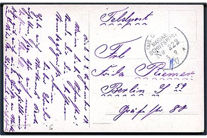 Ufrankeret marinefeldpostkort dateret Kiel med stempel Kais. Deutsche Marine-Schiffspost No. 222 (= Hilfs-Streuminendampfer Prinz Waldemar) d. 3.9.1917 til Berlin. Prinz Waldemar var før krigen postdamper på ruten Korsør-Kiel.