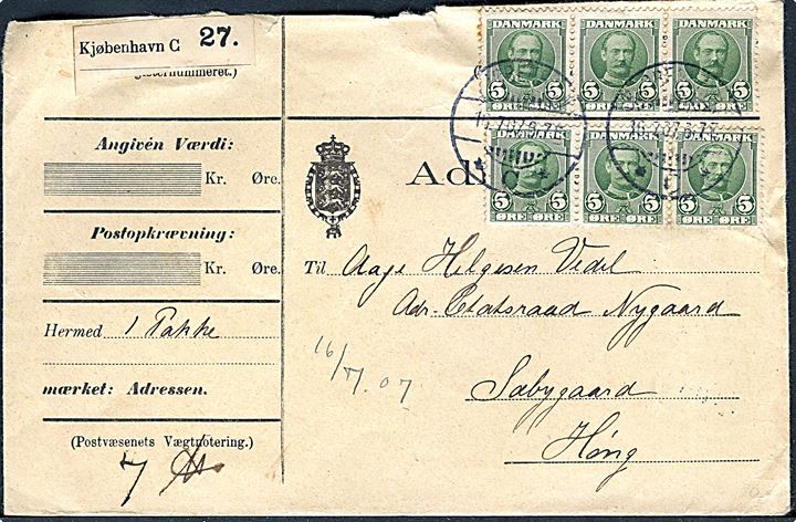 5 øre Fr. VIII (6) på adressebrev for pakke fra Kjøbenhavn d. 16-7-1907 til Høng.