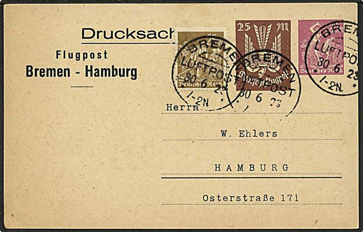 25 mk.+20 mk. privat luftpost tryksags-helsagsbrevkort Flugpost Bremen-Hamburg opfrankeret med 25 mk. og stemplet Bremen Luftpost d. 30.6.1923 til Hamburg.