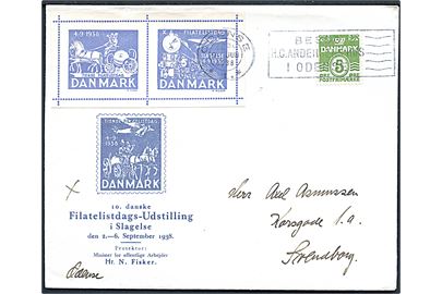 5 øre Bølgelinie på fortrykt kuvert med udstillingsmærkater fra Tiende Filatelistdag i Slagelse annulleret med TMS Odense * 1. * / Besøg H. C. Andersens Hus i Odense d. 9.6.1938 til Svendborg.