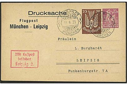 25 mk.+20 mk. privat luftpost tryksags-helsagsbrevkort Flugpost München - Leipzig stemplet Flugpost München d. 30.6.1923 til Leipzig. Rammestempel: Mit Luftpost befördert Leipzig 2.