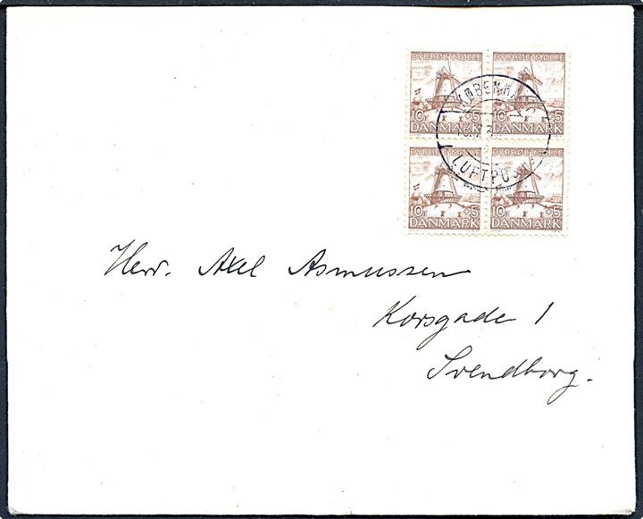 Komplet sæt Dybbøl Mølle i fireblok på 3 breve annulleret København Luftpost d. 18.7.1937 via Esbjerg til Svendborg. Luftpost i forbindelse med åbning af Esbjerg lufthavn.