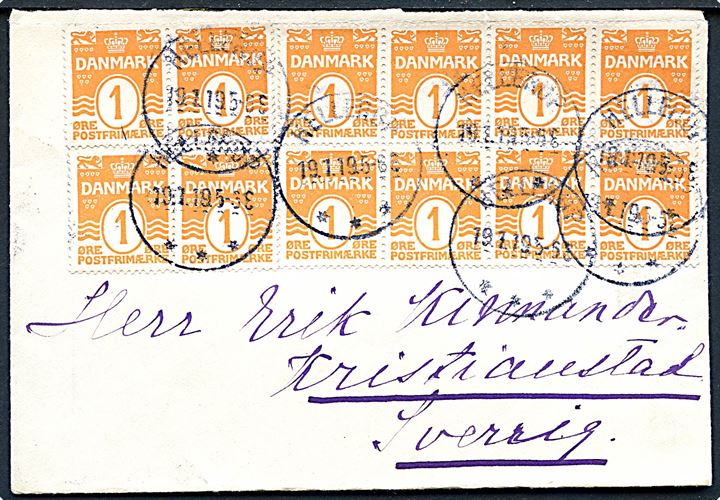 1 øre Bølgelinie (12) på brev fra Hellerup d. 19.1.1919 til Kristianstad, Sverige.
