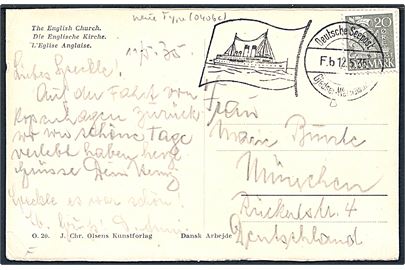 20 øre Karavel på brevkort annulleret med tysk skibsstempel Deutsche Seepost Gjedser - Warnemünde F.b. d. 12.5.1935 til München, Tyskland.