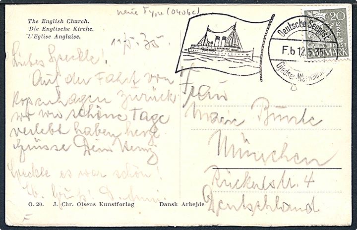 20 øre Karavel på brevkort annulleret med tysk skibsstempel Deutsche Seepost Gjedser - Warnemünde F.b. d. 12.5.1935 til München, Tyskland.