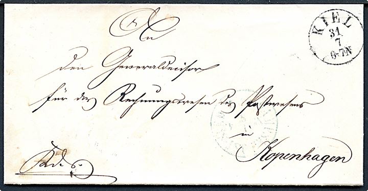 1863. Ufrankeret tjenestebrev med antiqua Kiel d. 31.7.1863 og blåligt transit stempel Dampsk.Post-Sped. Nr. 4 d. 1.8.1863 til Kjøbenhavn. På bagsiden laksegl fra: Königl. Postcomtoir zu Kiel.