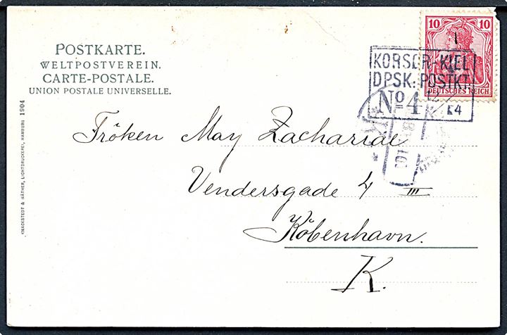 10 pfg. Germania på brevkort fra Kiel annulleret med skibsstempel Korsør-Kiel DPSK:POSTKT: No. 4 d. 12.4.1905 til København, Danmark.
