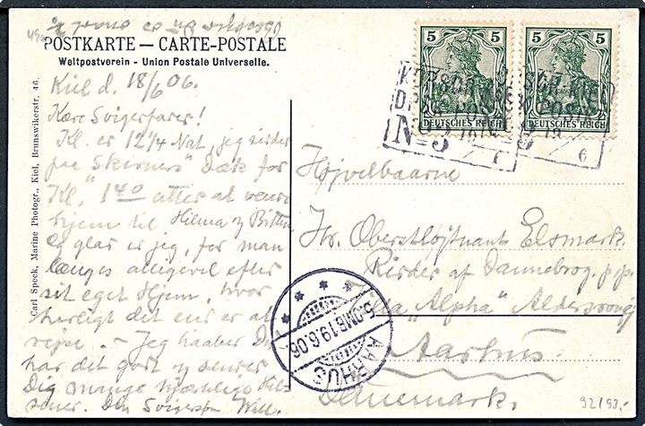 5 pfg. Germania (2) på brevkort (Vraget af Torpedobåd S126 efter kollission med krydseren Udine) annulleret med skibsstempel KORSØR-KIEL DPSK: POSTKT: No. 3 d. 19.6.1906 til aarhus.