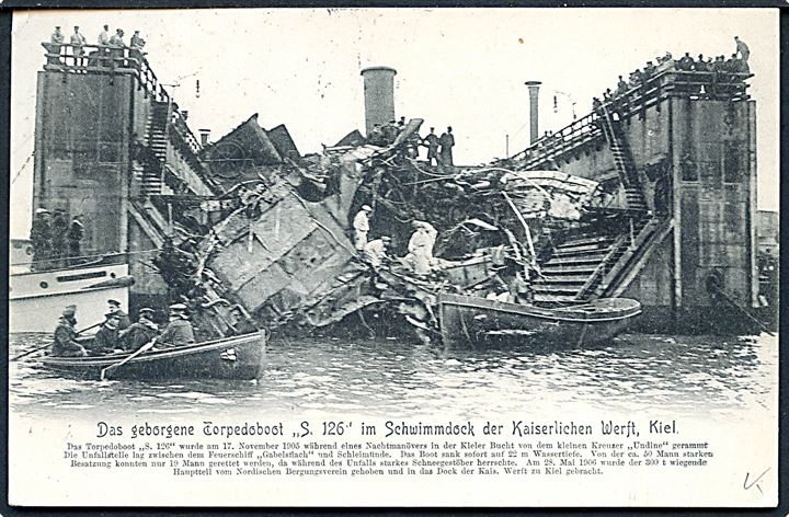 5 pfg. Germania (2) på brevkort (Vraget af Torpedobåd S126 efter kollission med krydseren Udine) annulleret med skibsstempel KORSØR-KIEL DPSK: POSTKT: No. 3 d. 19.6.1906 til aarhus.