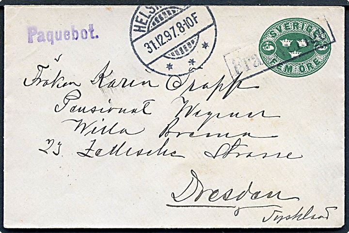 5 öre helsags-tryksag annulleret med rammestempel Fra Sverige og sidestemplet Helsingør d. 31.12.1897 og violet Paquebot til Dresden, Tyskland.