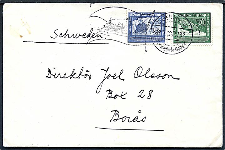 Komplet sæt Graf Zeppelin udg. på brev annulleret med skibsstempel Dansk Søpost Warnemünde-Gedser F.132 d. 13.7.1938 til Borås, Sverige.