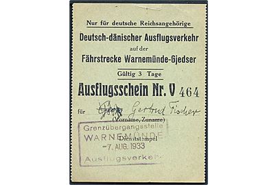 Tysk 3 dages Ausflugsschein for færgefarten Warnemünde-Gedser stemplet: Grenzübergangsstelle Warnemünde d. 7.8.1933.