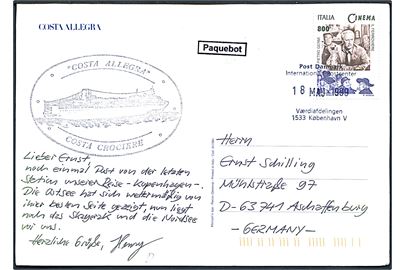 Italiensk 800 l. på brevkort (M/S Costa Allegra) annulleret med trodat-stempel Post Danmark Internationalt Postcenter / Værdiafdelingen 1533 København V d. 18.5.1999 og sidestemplet Paquebot til Aschaffenburg, Tyskland. 