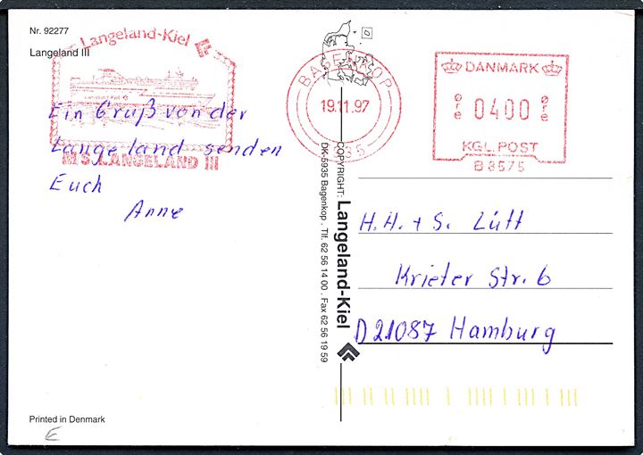 4 kr. firmafranko Langeland-Kiel / Langeland III på brevkort (Færgen Langeland III) fra Bagenkop d. 19.11.1997 til Hamburg, Tyskland.
