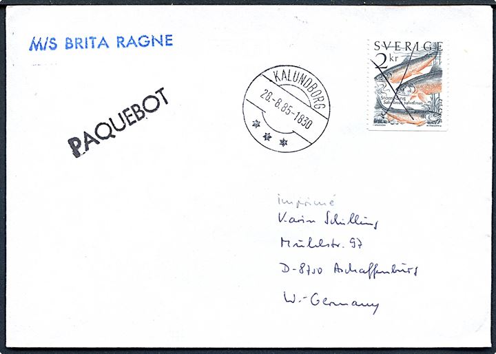 Svensk 2 kr. Fisk på brev annulleret med blækkryds og sidestemplet Kalundborg d. 28.8.1985 og Paquebot til Aschaffenburg, Tyskland. Fra M/S Brita Ragne.