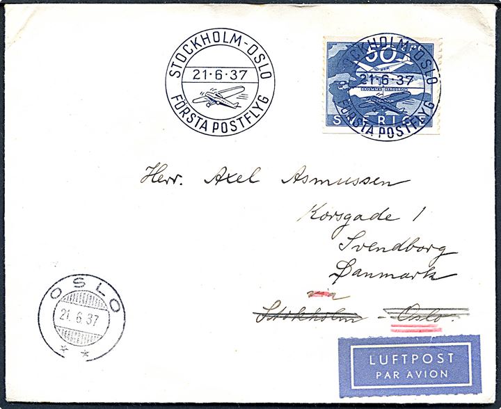 50 öre Bromma single på luftpostbrev annulleret med særstempel Stockholm - Oslo Första Postflyg d. 21.6.1937 via Oslo d. 21.6.1937 til Svendborg, Danmark.