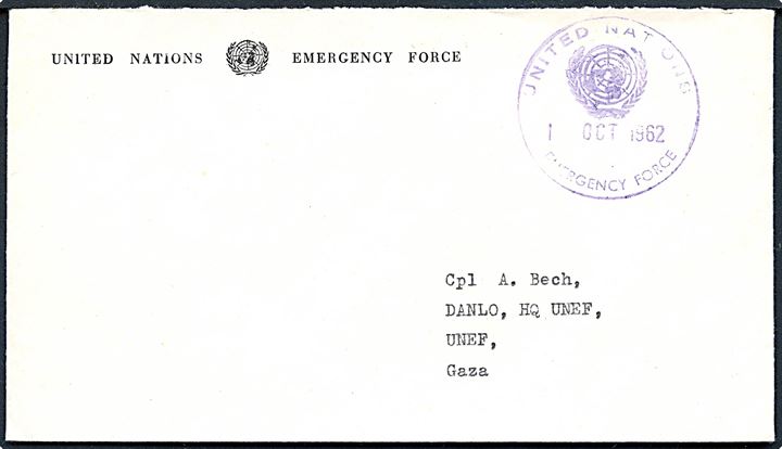 Fortrykt UNEF kuvert stemplet United nations Emergency Force d. 1.10.1962 fra svensk menig i LAU, Beirut til DANLO, HQ UNEF, Gaza.