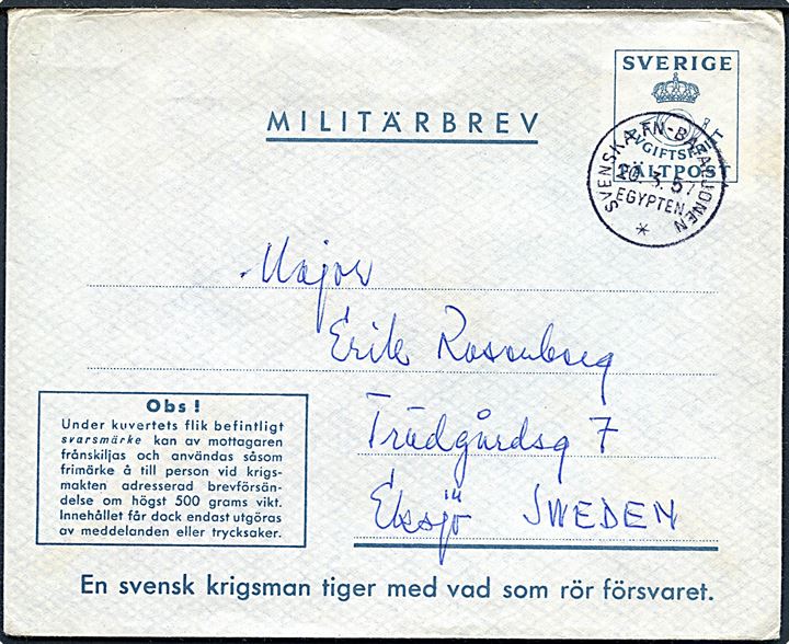 Militärbrev stemplet Svenska FN-Bataljonen Egypten d. 20.3.1957 til Sksjö, Sverige. Vedhængende ubenyttet svarmærke.