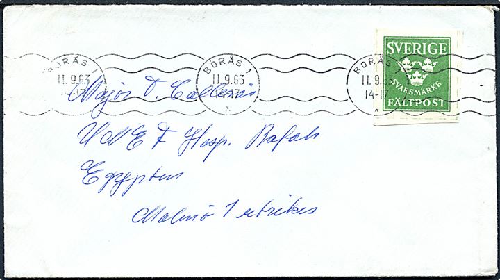 Fältpost svarmærke frankeret brev fra Borås d. 11.9.1965 til svensk major ved UNEF Hospital i Rafah, Egypten via Malmö 1 utrikes.