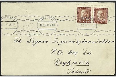 15 öre Gustaf (4-sider takket) i parstykke på brev fra Örebro d. 18.2.1937 via Oslo til Reykjavik, Island.