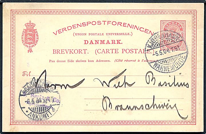 10 øre Våben helsagsbrevkort annulleret med bureaustempel Kjøbenhavn - Warnemünde T.91 d. 5.5.1904 til Braunschweig, Tyskland.