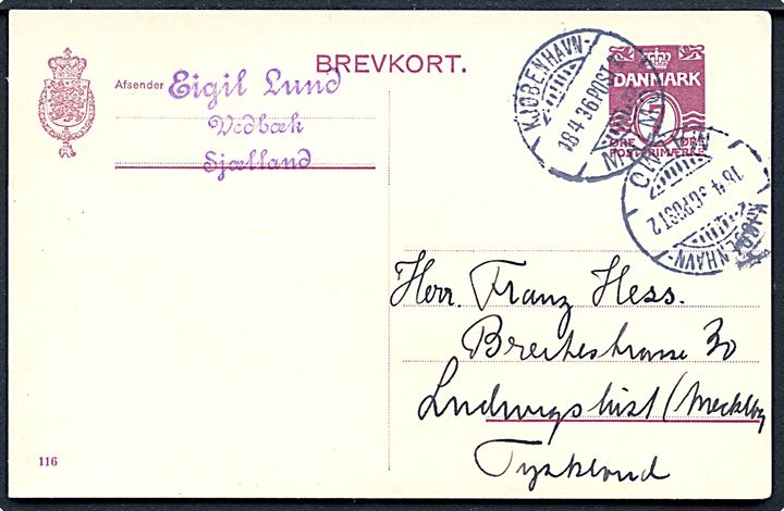 7 øre helsagsbrevkort annulleret med sejlende bureaustempel Kjøbenhavn - Malmø POST2 d. 18.4.1936 til Ludwigslust, Tyskland. Uden meddelelse på bagsiden.