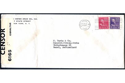 2 cents Adams og 3 cents Jefferson på overfladebrev fra New York d. 21.2.1940 til Basel, Schweiz. Åbnet af britisk censur i Gibraltar med sjælden censurbanderole: PC66A/6165 Gibraltar.