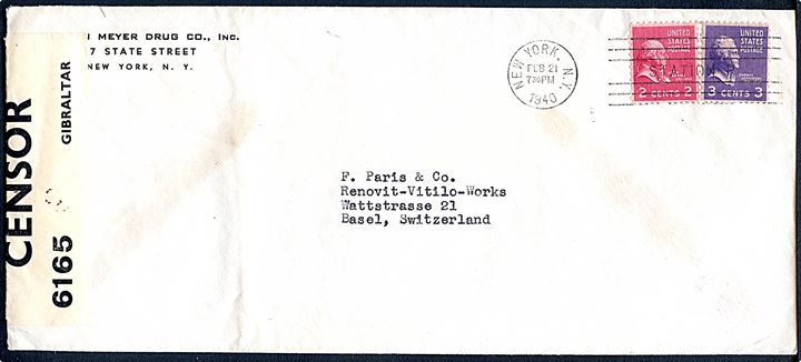2 cents Adams og 3 cents Jefferson på overfladebrev fra New York d. 21.2.1940 til Basel, Schweiz. Åbnet af britisk censur i Gibraltar med sjælden censurbanderole: PC66A/6165 Gibraltar.