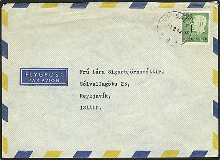 40 öre Gustaf single på luftpostbrev fra Uppsala d. 11.8.1964 til Reykjavik, Island.
