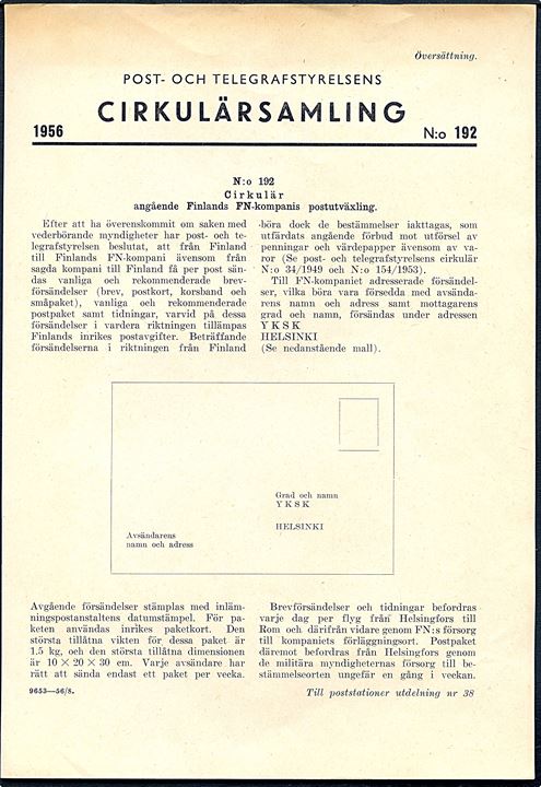 Post- och Telegrafstyrelsens Cirkulärsamling 1956 no. 192, 1957 no. 5-6 og no. 88 vedr. postforsendelser til de finske FN-styrker i Mellemøsten. 