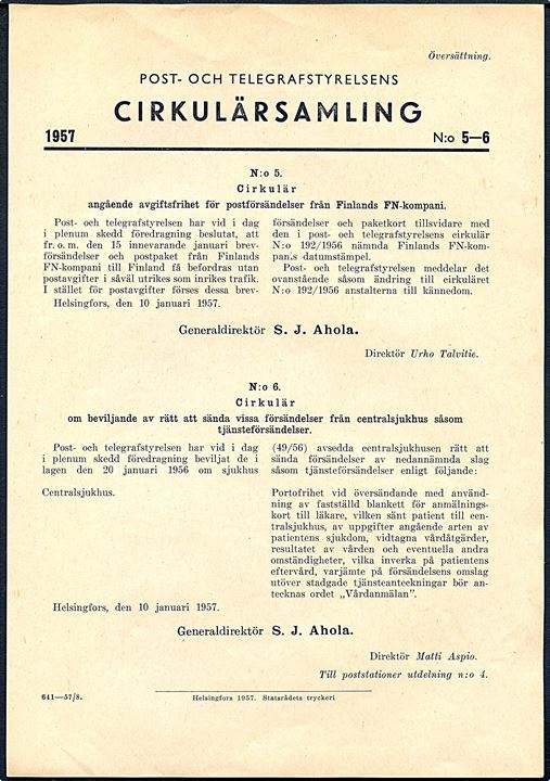 Post- och Telegrafstyrelsens Cirkulärsamling 1956 no. 192, 1957 no. 5-6 og no. 88 vedr. postforsendelser til de finske FN-styrker i Mellemøsten. 