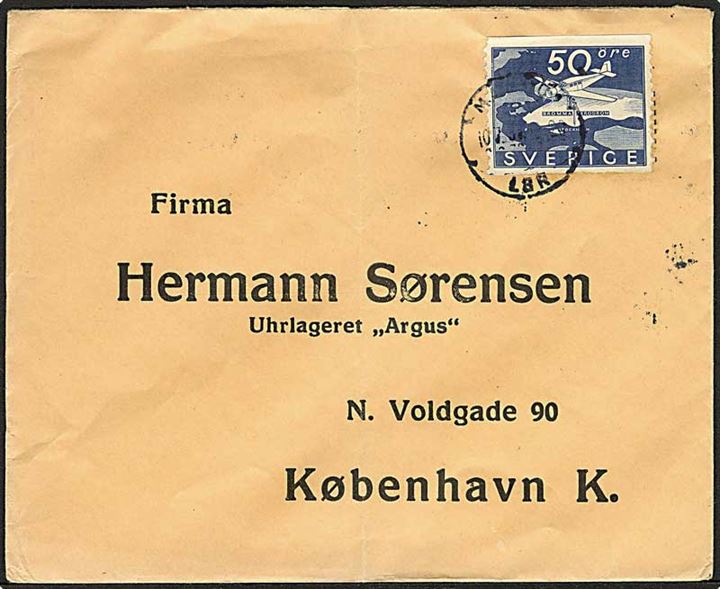 50 öre Bromma Lufthavn single på brev stemplet Malmö d. 10.7.1937 til København, Danmark.