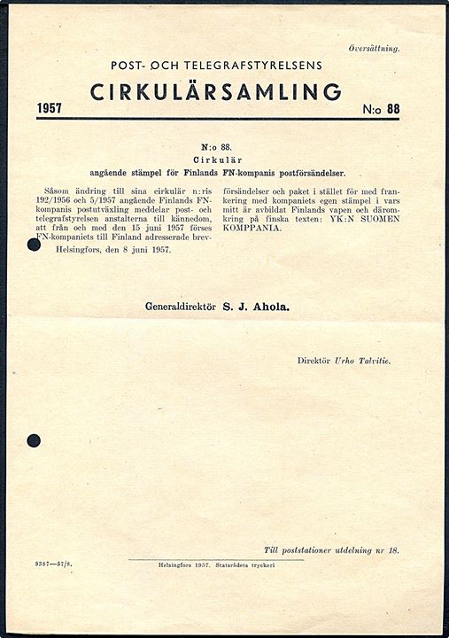 Kungl. Generalpoststyrelsens Allmänna Cirkulär 1956 (340), 1957 (37-40), 1958 (94-101), 1960 (252, 299-304, 386-392, 414-420) og 1961 (281, 377-385). 9 officielle meddelelser vedr. postforhold for de svenske FN-styrker.