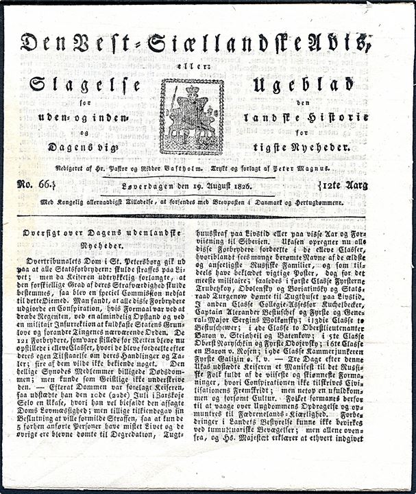 Den Vest-Sjællandske Avis - Slagelse Ugeblad - d. 19.8.1826. 8 sider.